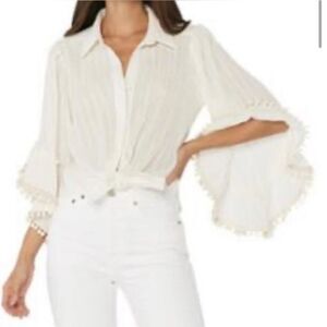 MISA Ivory/gold  button down shirt with Pom Pom Trim
